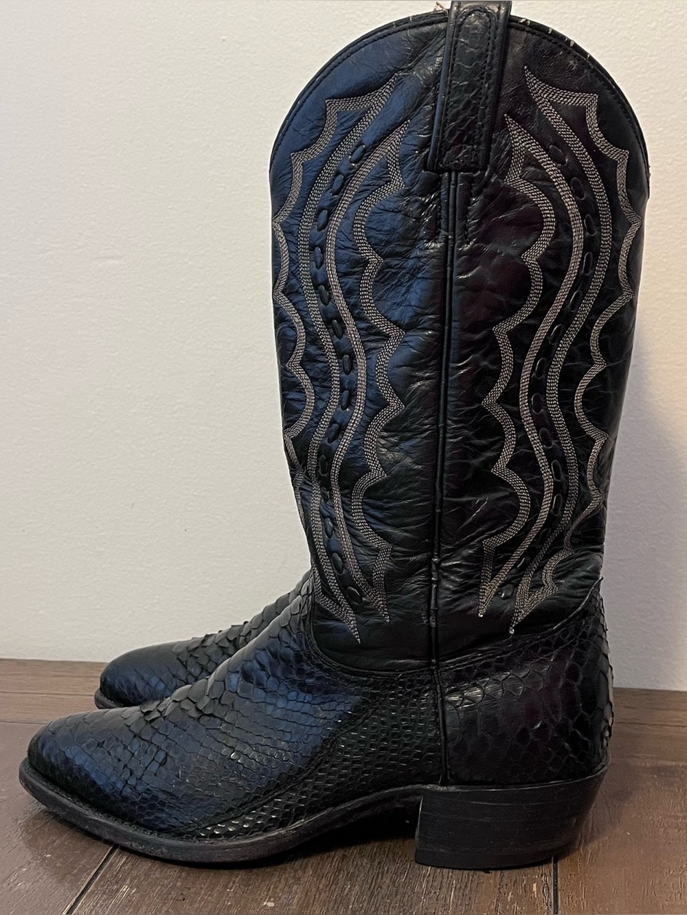 Vintage J. Chisholm Teju Lizard Black Leather Western Cowboy Boots Mens 8.5 D